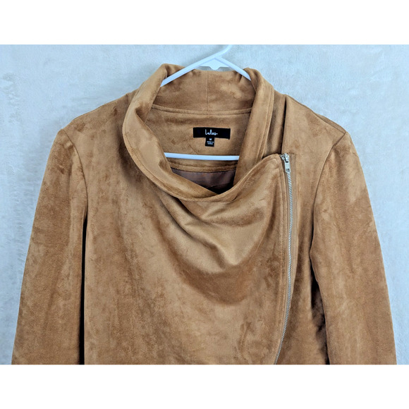 Lulus sz M Wild At Heart faux vegan suede Moto Jacket tan zips 1328 - Picture 2 of 6